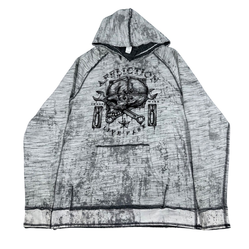 Affliction Hoodie Mens XL Grey Burnout Graphic Skull Live Fast Pullover Y2K MMA